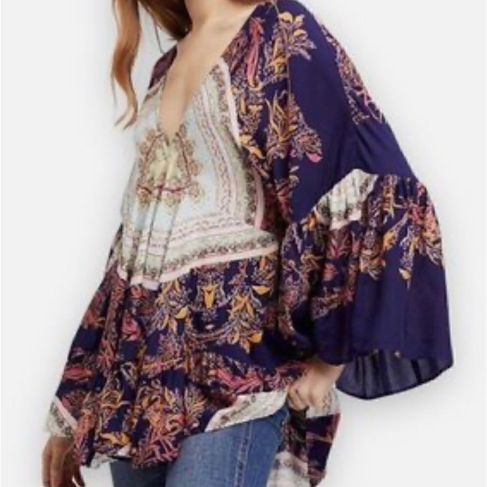 Free People Sunset Dreams Ruffle Boho Top In Blue Size Small - Picture 6 of 16